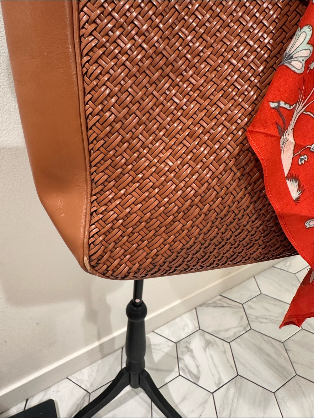 Talbots Woven Leather Tote Bag with Floral Scarf - Cognac - Picture 3 of 5